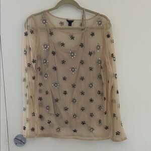 Ann Taylor Floral Embellished Sheer Blouse - Cream